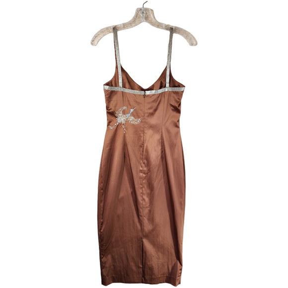 Julian Joyce sz 2 Cocktail Dress Women Slip Caramel Brown Sequin Cranes Vtg NEW - Picture 2 of 14
